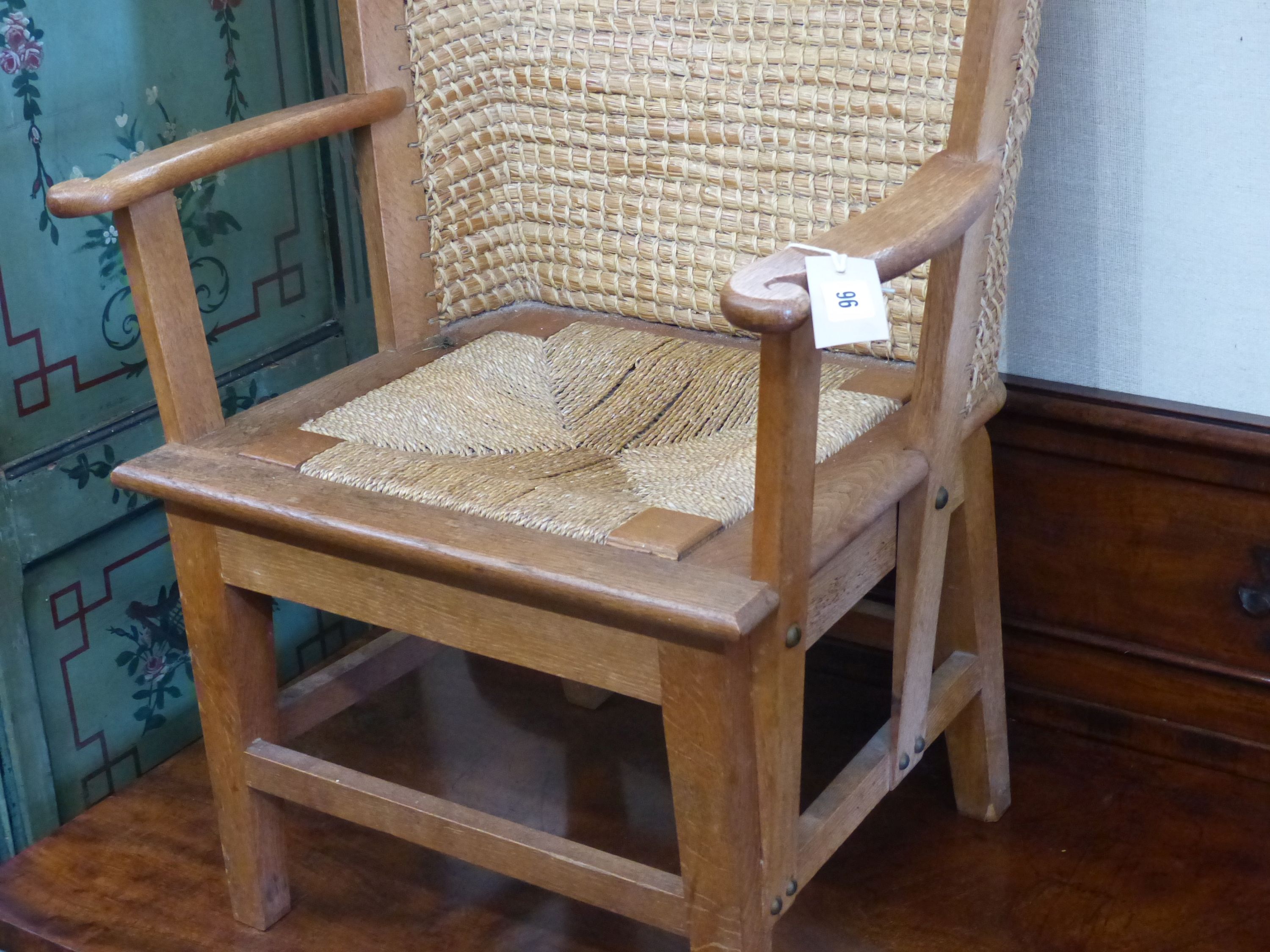 A 20th century light oak and skep work child's Orkney chair in traditional style, width 54cm, depth 56cm, height 84cm